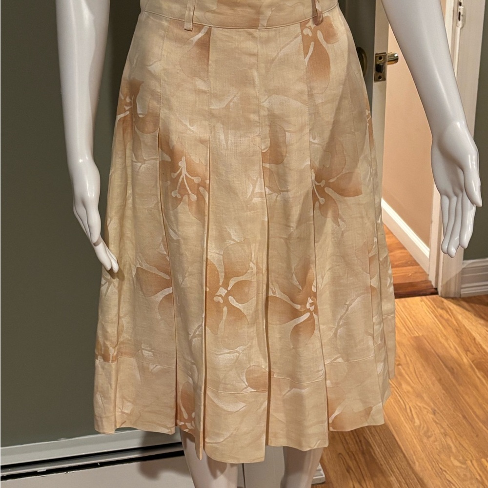 Vintage Linen Beige Floral A-Line Skirt